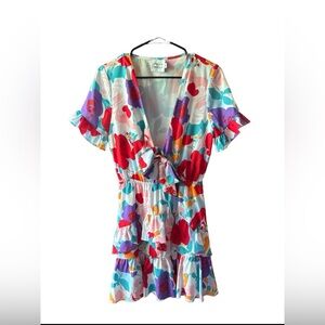 Hello Molly White Colorful Floral Tiered Mini Dress Tie Front Cut Out Size Small
